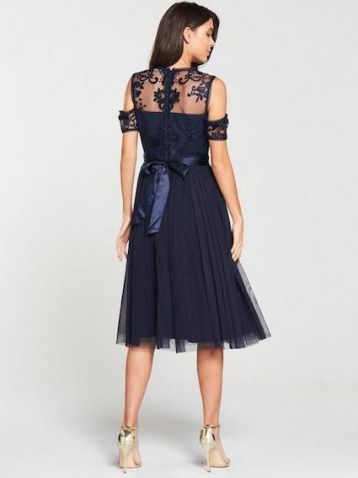 V by Very Bridesmaid Cold Shoulder Prom Dress Navy