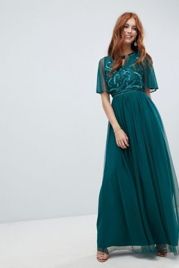 Amelia Rose embellished maxi dress fluted sleeve emerald green