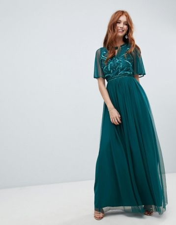 Amelia Rose embellished maxi dress fluted sleeve emerald green
