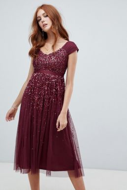 Amelia Rose embellished ombre sequin midi dress Berry Burgundy