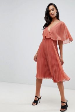 ASOS DESIGN flutter sleeve midi dress pleat skirt Peach Neutral
