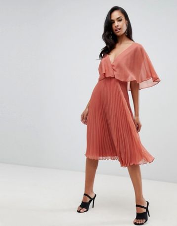 ASOS DESIGN flutter sleeve midi dress pleat skirt Peach Neutral