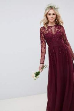 ASOS DESIGN long sleeve bridesmaid embroidered dress Burgundy