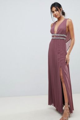 ASOS DESIGN embellished pleat maxi bridesmaid dress Pink Taupe