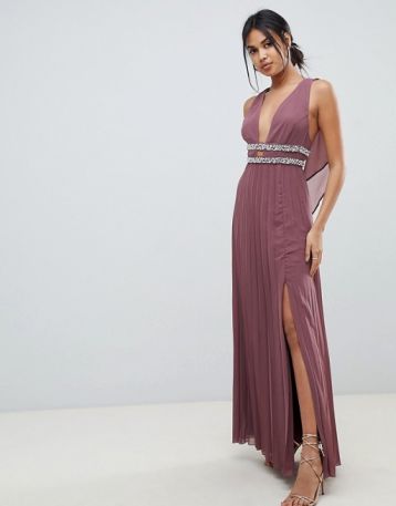 ASOS DESIGN embellished pleat maxi bridesmaid dress Pink Taupe