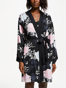 John Lewis & Partners Gloria Floral Satin Dressing Gown Black Multi