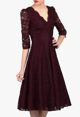 Jolie Moi Puff Shoulder V-Neck Lace Dress Burgundy
