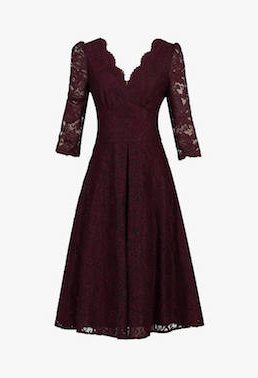 Jolie Moi Puff Shoulder V-Neck Lace Dress, Burgundy