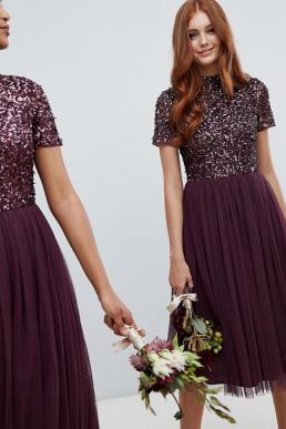 Maya high neck maxi tulle sequin bridesmaid dress Berry Purple