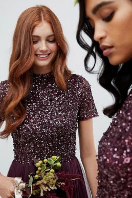 Maya high neck maxi tulle sequin bridesmaid dress Berry Purple