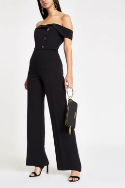 River Island Black bardot tux wide leg jumpsuit