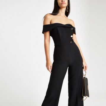 River Island Black bardot tux wide leg jumpsuit