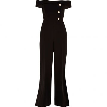 River Island Black bardot tux wide leg jumpsuit