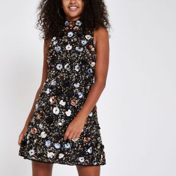 River Island Black sequin embellished high neck mini dress Multi