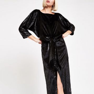 River Island Black velvet knot front split maxi dress