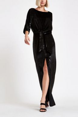 River Island Black velvet knot front split maxi dress