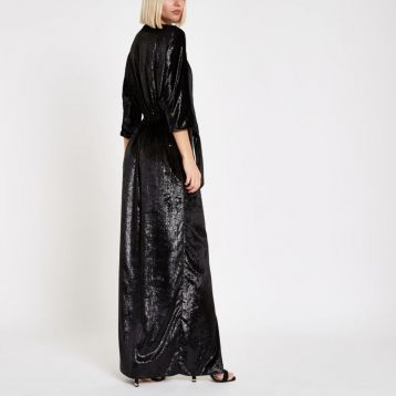 River Island Black velvet knot front split maxi dress