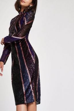 River Island Bright purple sequin high neck bodycon dress