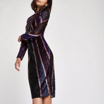 River Island Bright purple sequin high neck bodycon dress