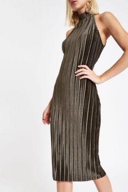 River Island Dark green plisse high neck bodycon dress
