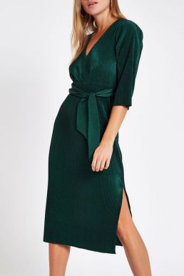River Island Dark green tie waist plisse midi dress