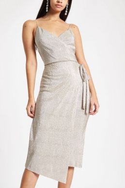 River Island Gold metallic plisse tie waist midi dress