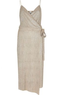 River Island Gold metallic plisse tie waist midi dress