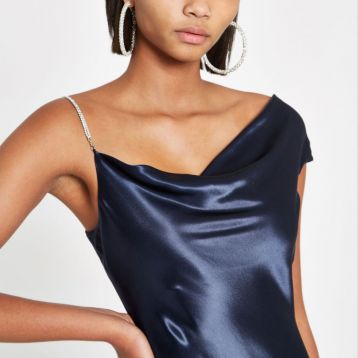 River Island navy blue diamante strap asymmetric slip dress