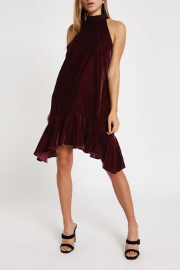 River Island Red velvet halter neck frill swing dress