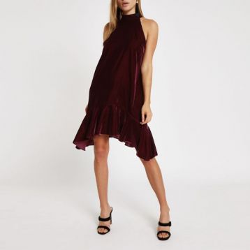 River Island Red velvet halter neck frill swing dress