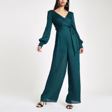 River Island Turquoise wrap front wide leg jumpsuit Green