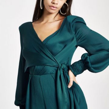 River Island Turquoise wrap front wide leg jumpsuit Green