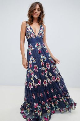 A Star Is Born embellished floral prom plunge maxi dress multi blue