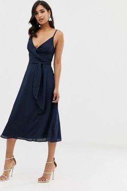ASOS DESIGN cami wrap midi dress with tie waist Navy Blue