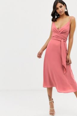 ASOS DESIGN cami wrap midi dress with tie waist pink