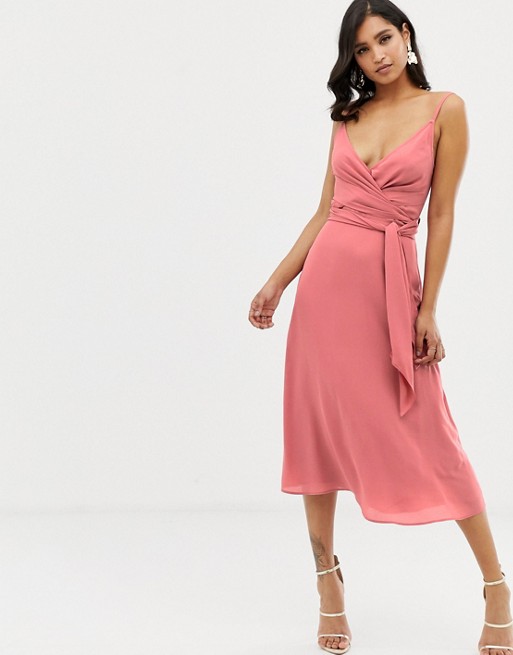 ASOS DESIGN cami wrap midi dress with tie waist, Pink - myonewedding.co.uk