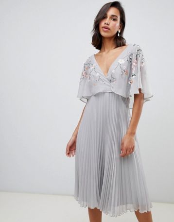 ASOS DESIGN flutter sleeve midi dress pleat skirt embroidery Lilac Silver
