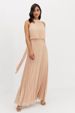ASOS DESIGN halter tie neck maxi dress in pleat nude neutral