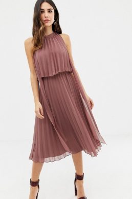 ASOS DESIGN halter tie neck midi dress in pleat Dusty Rose