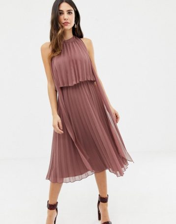 ASOS DESIGN halter tie neck midi dress in pleat Dusty Rose