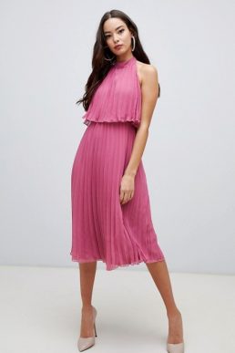 ASOS DESIGN halter tie neck midi dress in pleat pink