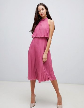 ASOS DESIGN halter tie neck midi dress in pleat pink