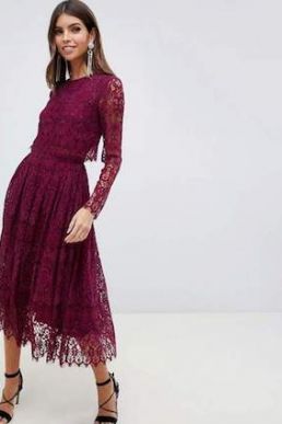 ASOS DESIGN lace long sleeve midi prom dress Burgundy