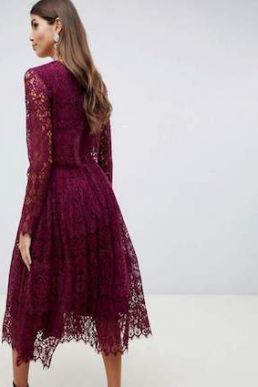 ASOS DESIGN lace long sleeve midi prom dress Burgundy