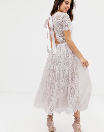 ASOS DESIGN lace midi dress with ribbon tie and open back Light pink blush