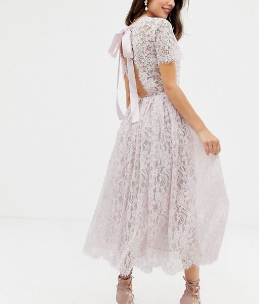 blush midi lace dress