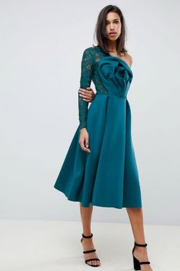 ASOS DESIGN Lace Sleeve Origami Midi Prom Dress Teal Blue