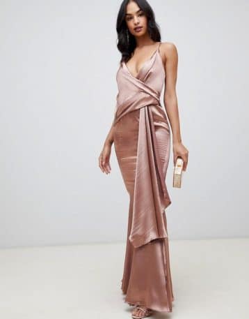 ASOS DESIGN maxi dress in high shine satin drape fishtail Mink