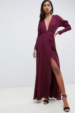ASOS DESIGN maxi satin dress with sleeves Plum Purple