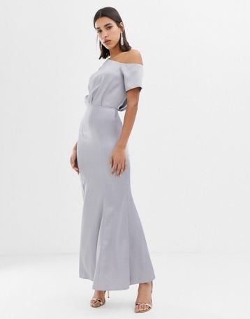 ASOS DESIGN maxi dress with drape one shoulder in satin Silver